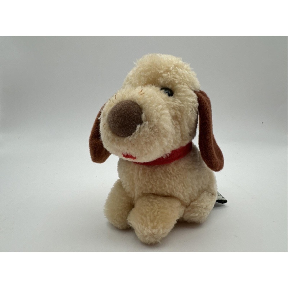 Dakin Plush Puppy Dog Small Cream Brown 1983 Vintage Floppy Ear Red Collar